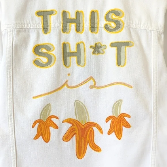 Paige Vivienne This Sh*t Is Bananas Custom Relaxed Cropped Denim Jacket White L - Picture 12 of 15